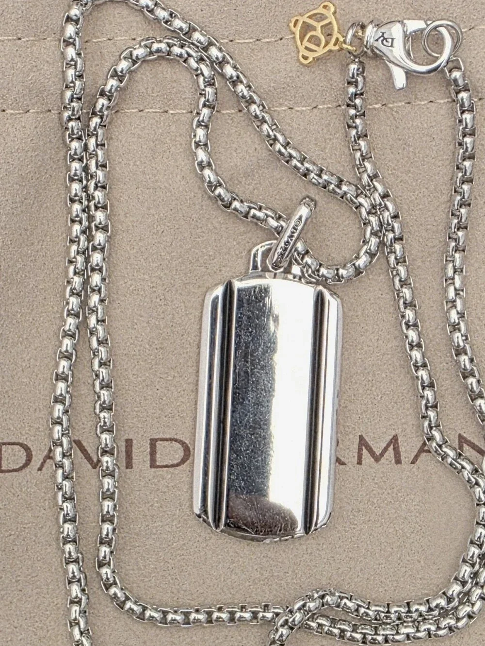 David Yurman Silver Ribbed Dog Tag Pendant Necklace with Gold Accent